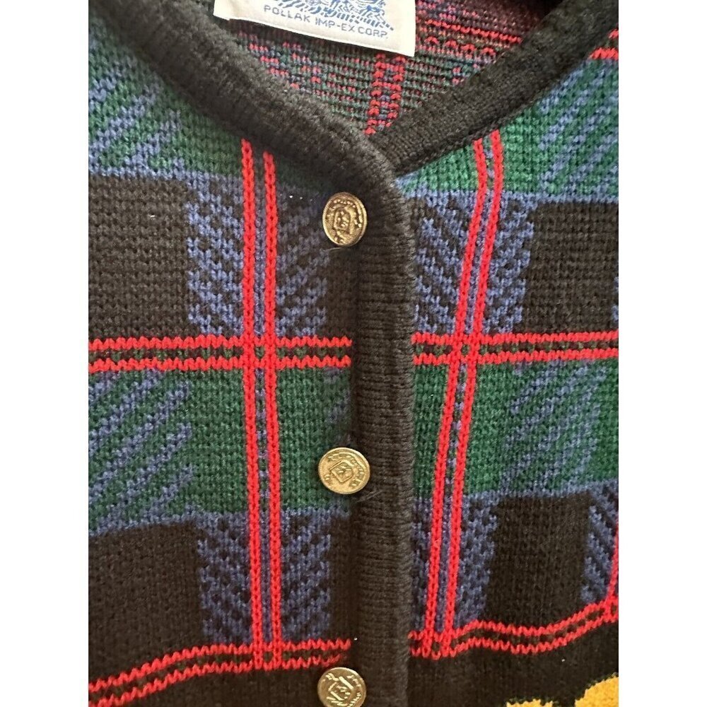 Tally Ho Sweater Cardigan Vtg 90s Plaid Teddy Bear Knit Womens Small - Picture 6 of 9